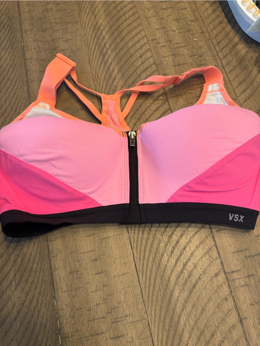 VSX Two-Tone Front-Zip Sports Bra in Pink & Coral